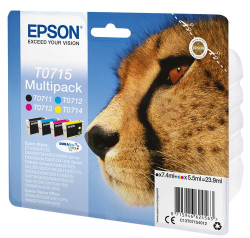 EPSON T0715 Tinte schwarz und dreifarbig Standardkapazität schwarz: 7.4ml, Farbe: 3 x 5.5ml 4-pack blister ohne Alarm
